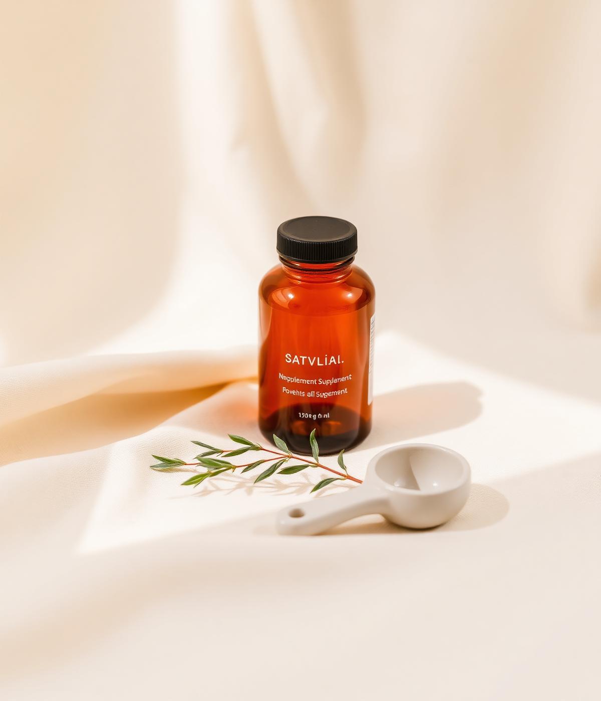 Amber glass supplement bottle with ceramic scoop