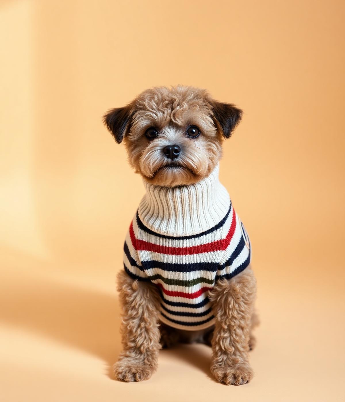 A small dog in a striped turtleneck sweater